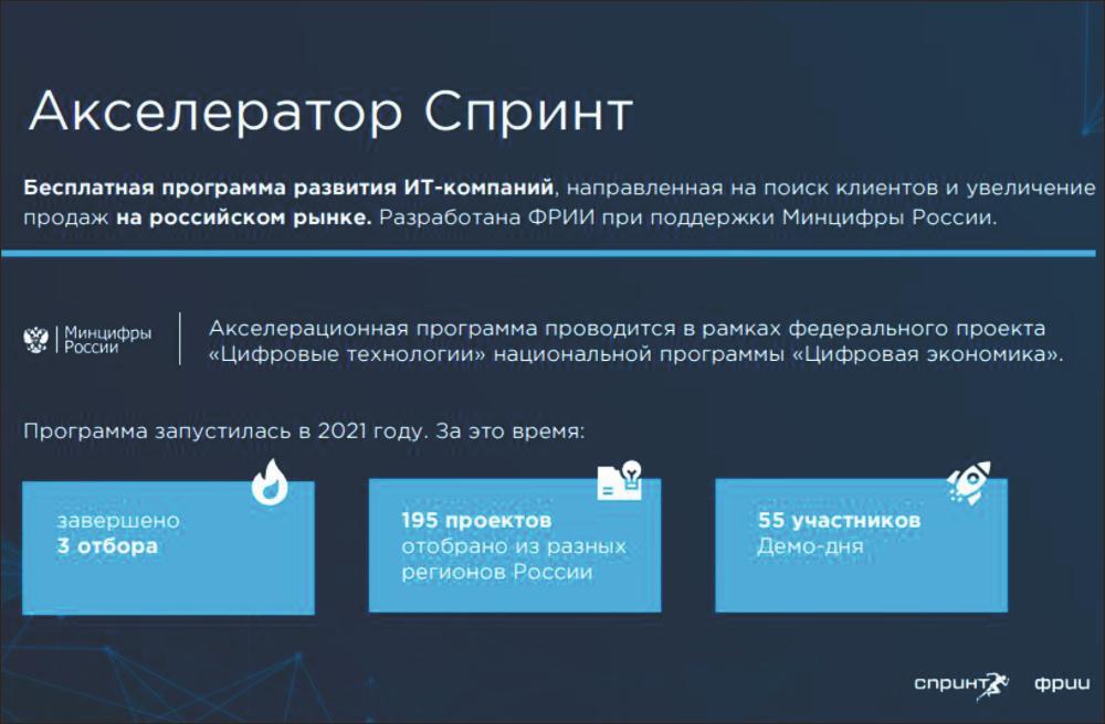Фонд развития интернет-инициатив 	и Минцифры РФ приглашают российские ИТ-компании принять участие в конкурсном отборе на участие в акселераторе Спринт.