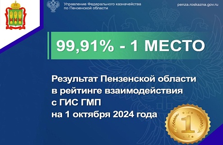 Пензенская область заняла первое место в рейтинге взаимодействия с ГИС ГМП на 1 октября 2024 года